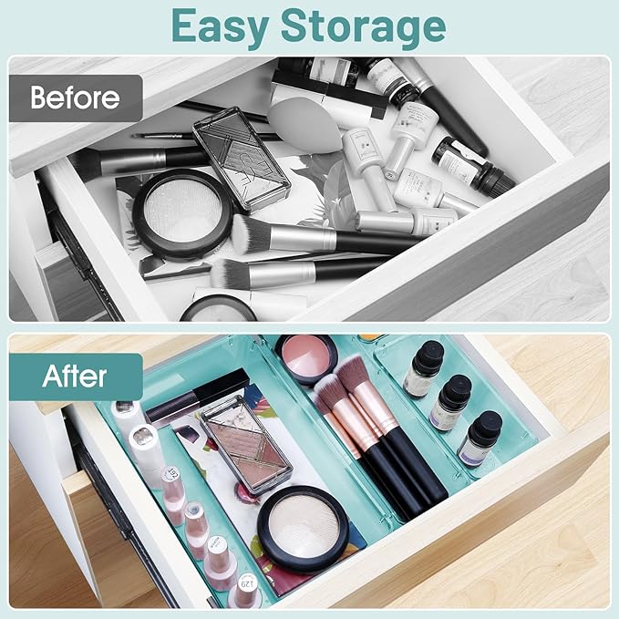 WOWBOX 30 PCS Clear Plastic Drawer Organizer Set, 5 Sizes Desk Drawer Divider Organizers and Storage Bins for Makeup, Jewelry, Gadgets for Kitchen, Bedroom, Bathroom, Office,Sea Blue