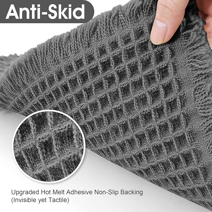 ACCUMTEK Extra Large Waffle Bath Mat, 5'x2' Grey, Super Absorbent Non-Slip Quick Dry Bathroom Rugs with Tassels, Machine Washable Ultra Soft Boho Bath Rugs for Floor, Toilet Mats Boho Farmhouse Decor