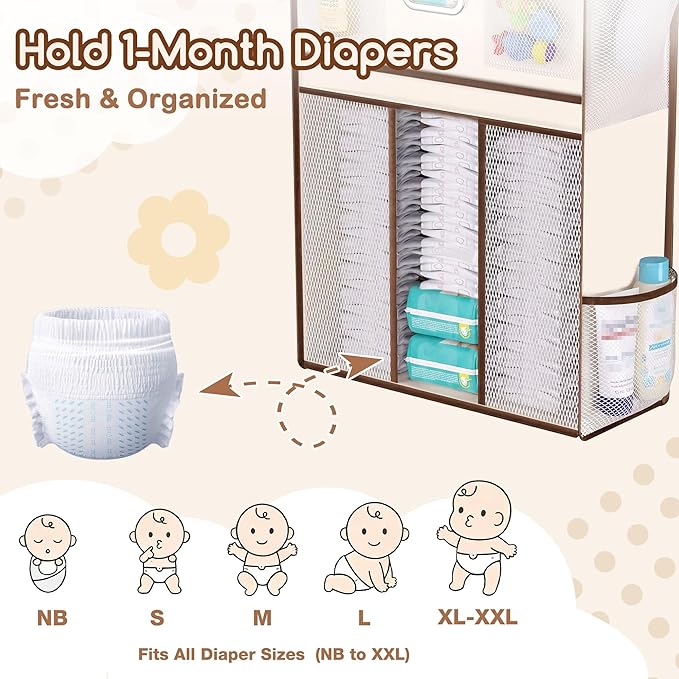 Over The Door Organizer with Large Capacity Diaper Storage & Mesh Window,for Baby Essentials & Nursery, 55lbs Hanging Storage for Closet, Bathroom, Bedroom, Dorm -12 Pockets
