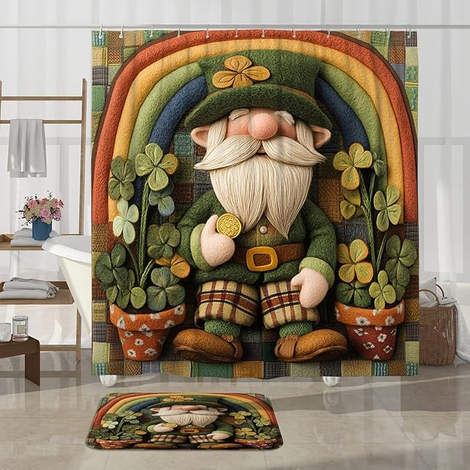 4PCS St.Patrick's Day Gnome Bathroom Accessory Sets with Non-Slip Rug, U Shape Toilet Lid Cover Mat, Wool Felt Style Leprechaun Shamrocks Bathroom Decoration 72''x72''