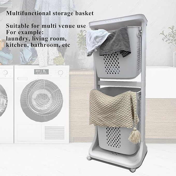 Laundry Basket with Wheels Plastic,2 Tier,40L+32L Large Capacity,Storage Organizers for Kitchen, Bathroom, Easy Mobility Multi-Functional Hampers