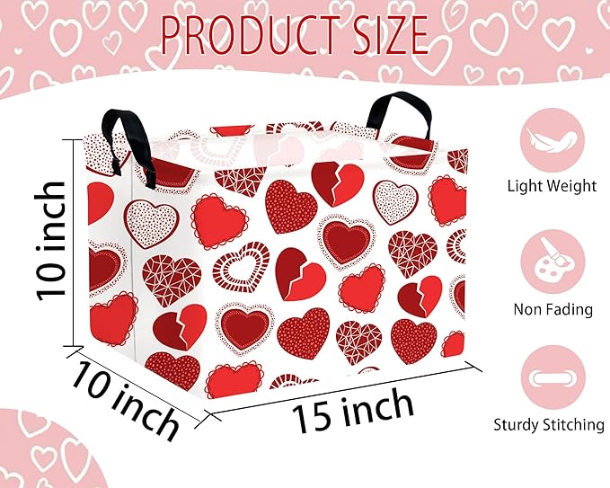 Large Valentine's Day Basket Heart Shaped Storage Bin for Gifts Collapsible Organizer Room Decor (Little Round Dot Love)