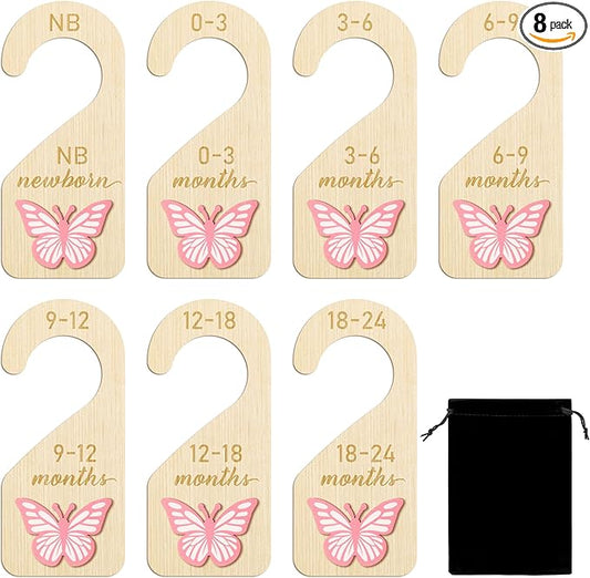 R HORSE 3D Wooden Baby Closet Dividers - 8Pcs Pink Butterfly Baby Closet Organizer, Double-sided Newborn Clothes Size Hanger Dividers Nursery Decor Birthday Gift for Boys Girls, 0-24 Months