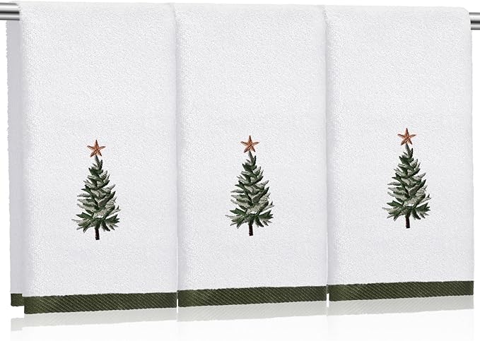3 Pcs Christmas Fingertip Towels 100% Cotton 12 x 18 Inch Decorative Embroidery Xmas Tree with Gold Star Topper Bathroom Hand Towels for Christmas Bathroom Decor