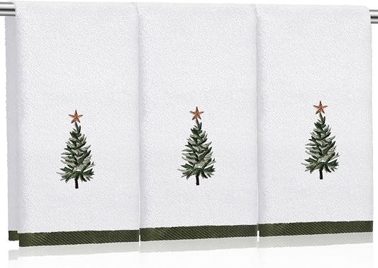 3 Pcs Christmas Fingertip Towels 100% Cotton 12 x 18 Inch Decorative Embroidery Xmas Tree with Gold Star Topper Bathroom Hand Towels for Christmas Bathroom Decor