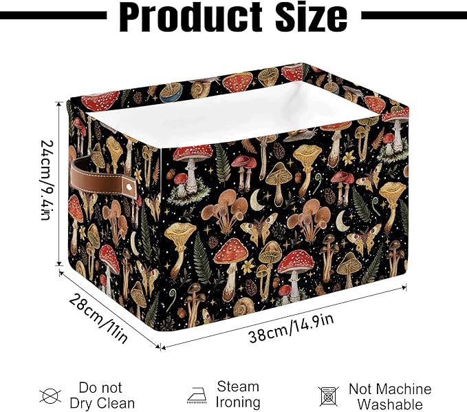 Mushroom Rectangle Storage Basket - Mushroom Themed Collection Collapsible Storage Baskets with Handles - Mushrooms Toy Bin - Mushrooms Pattern Storages Bin for Kids Clothes, Gifts, Books