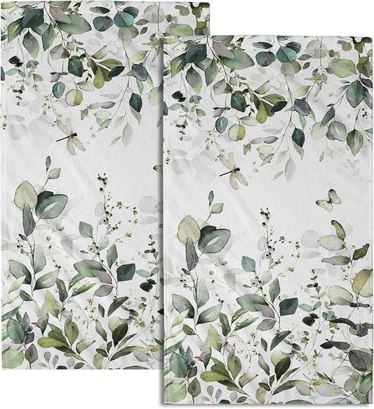 Green Eucalyptus Leaves Hand Towels Spring Sage Green Botanical Fingertip Towel Set of 2 Watercolor Plant Butterfly Dragonfly Kitchen Dish Towels Decorative Bathroom Towels for Bath Guest Gym Spa