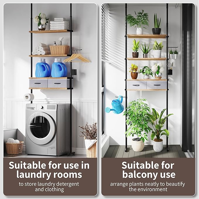 YIGII Over The Toilet Storage, 4-Tier Adjustable Bathroom Shelves Over Toilet with 2 Drawers, Above Toilet Storage Cabinet Bathroom Organizer Wooden Shelf, 25-114.2 Inch Heights