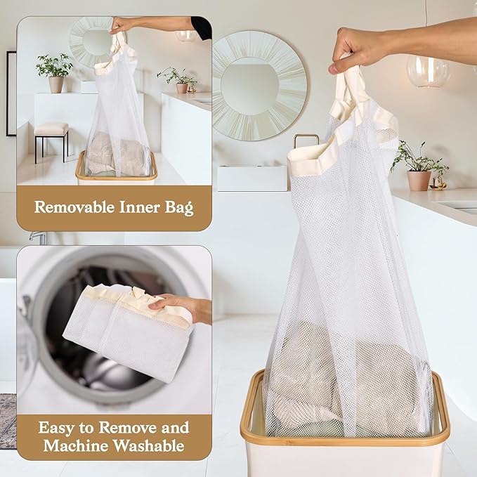 Laundry Basket with Lid, 75L Slim Laundry Hamper with Removable Bag, Travel Dirty Clothes Basket with Bamboo Handles for Bathroom, Bedroom & Laundry Room, Beige