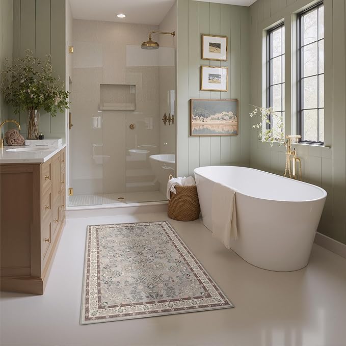 GRANNY SAYS Boho Bathroom Rugs 32" x 20" Non-Slip, Quick Dry & Washable, Vintage Bath Rug, Distressed Farmhouse Plush Velvet Small Bath Mat, Absorbent for Shower Toilet Sink, Pet Friendly-2'x3'