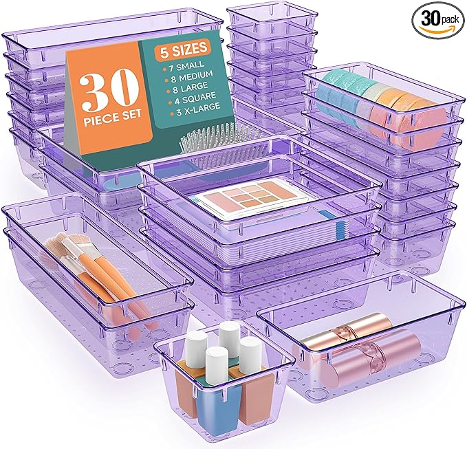 WOWBOX 30 PCS Clear Plastic Drawer Organizer Set, 5 Sizes Desk Drawer Divider Organizers and Storage Bins for Makeup, Jewelry, Gadgets for Kitchen, Bedroom, Bathroom, Office, Purple