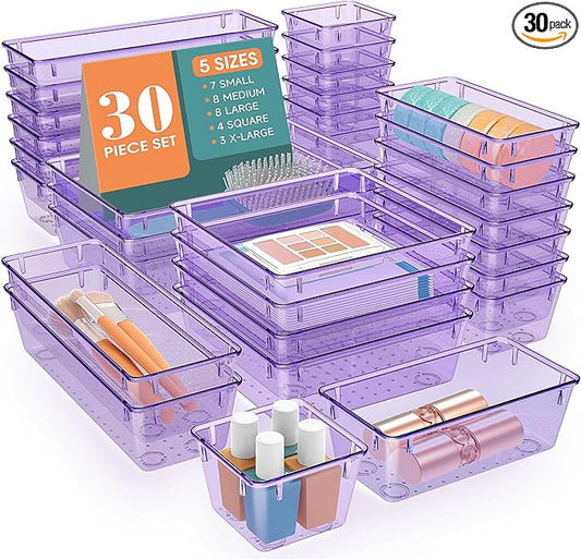 WOWBOX 30 PCS Clear Plastic Drawer Organizer Set, 5 Sizes Desk Drawer Divider Organizers and Storage Bins for Makeup, Jewelry, Gadgets for Kitchen, Bedroom, Bathroom, Office, Purple