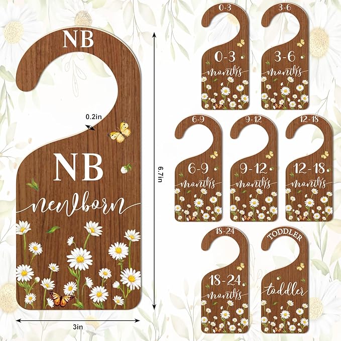Whaline 8Pcs Daisy Baby Closet Size Dividers Hanging Wooden Baby Closet Organizers Newborn to Toddler Rustic Floral Butterfly Infant Wardrobe Organizers for Home Nursery Bedroom