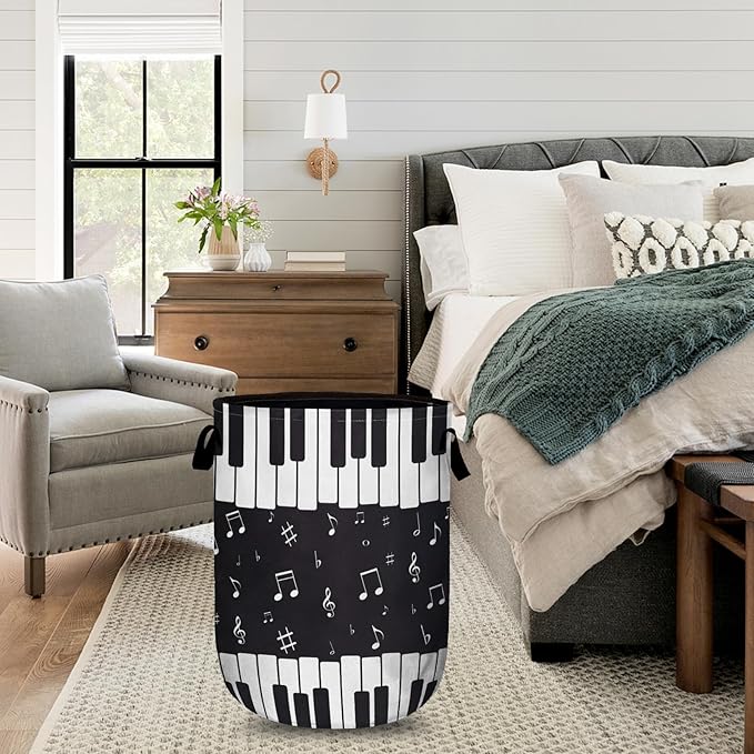 Piano Keyboard Laundry Basket with Sturdy Handles, Music Note Collapsible Oxford Cloth Laundry Hamper Organizer Basket for Bathroom Bedroom 15.7x20 Inch