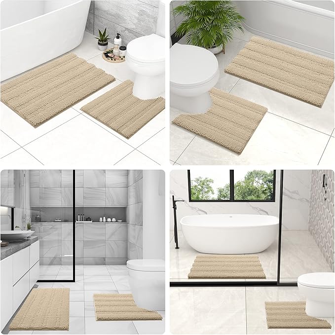 Grandaily Chenille Striped Toilet Rugs U-Shaped 24x20, Extra Soft and Absorbent Bathroom Rugs, Non-Slip Plush Shaggy Bath Rug, Machine Washable Contour Bath Mats for Toilet Base, Beige