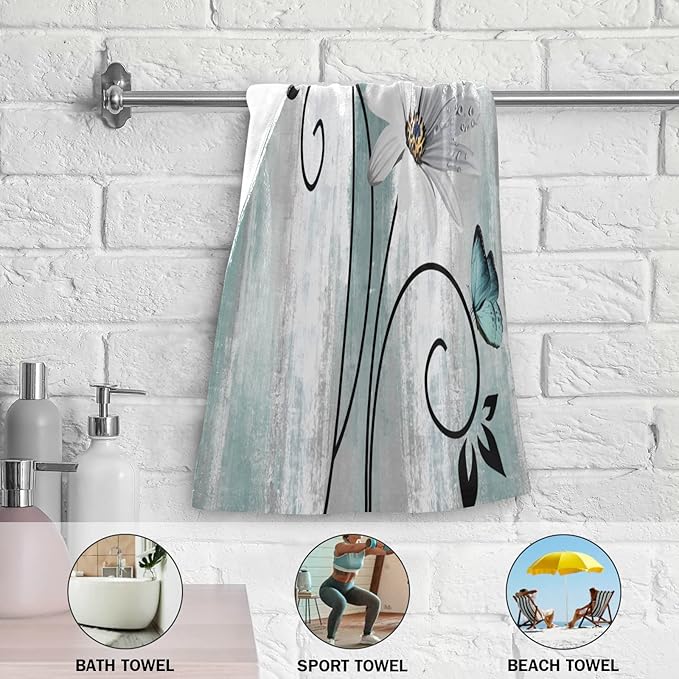 Hand Towels for Bathroom Set of 2 Farm Teal White Daisy Floral Flowers Butterfly on Country Wooden Soft Absorbent Small Bath Towels Decorative Kitchen Guest Dish Towel for Spa,Hotel 28x14in