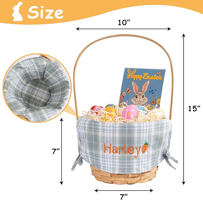 Personalized Easter Basket Large 2025 New Custom Embroidered Designed Liners with Stuffers Hand-Woven Folding Handle