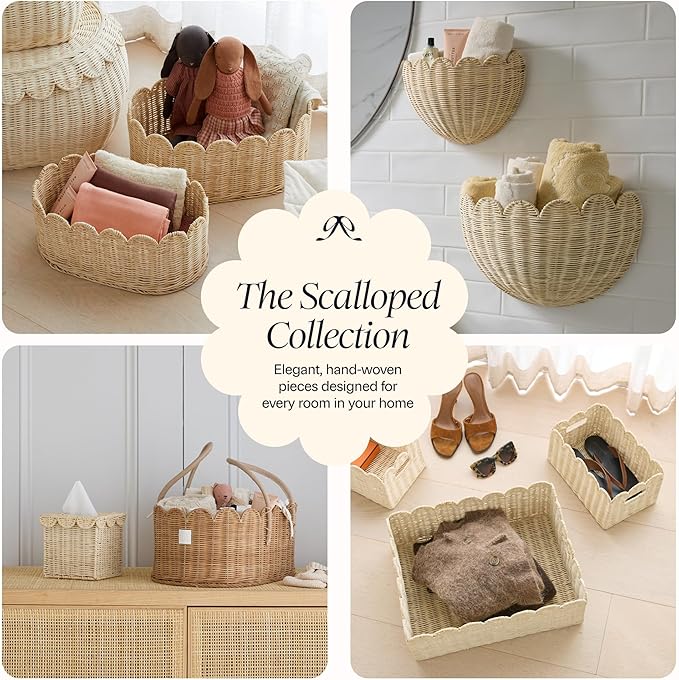 BEBE BASK Unique Wavy Scalloped Basket Set Of 2 - Scallop Basket - 16 x 10 x 7 In - Hand-Woven Elegant Wicker With Scalloped Edge Lid - Nursery Storage - (Earthy)
