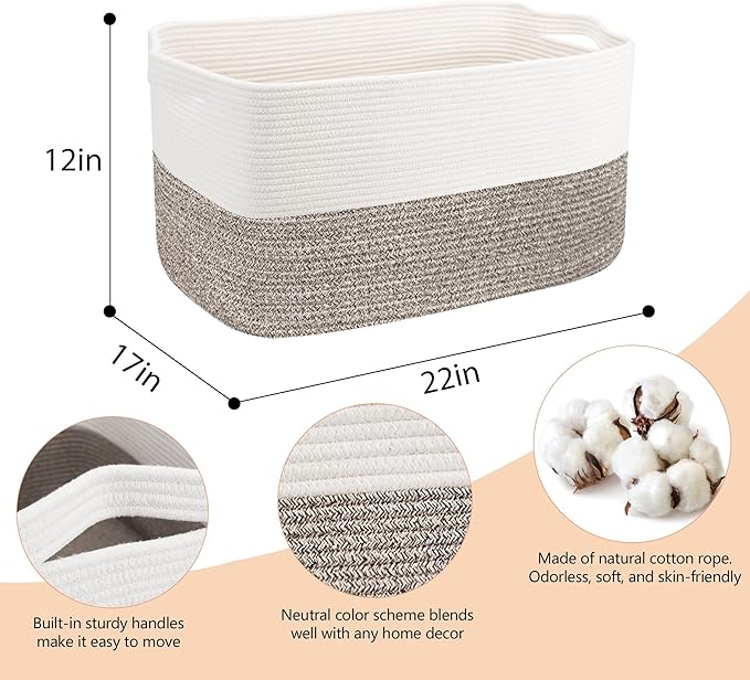 Large Blanket Basket, 22"x17"x12" Rectangle Blanket Storage for Living Room, Decorative Kids Dog Toy Bin Box, Soft Woven Cotton Rope Storage Basket, Big Wicker Throw Pillow Organizer Holder