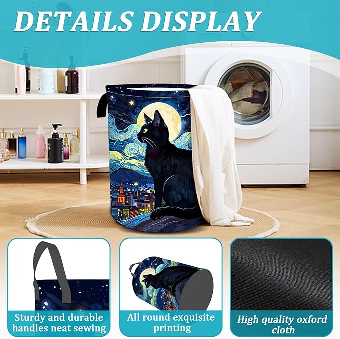 Starry Night Cat Laundry Basket, Foldable Waterproof Oxford Cloth Moon Laundry Hamper Funny Tote Bag Dirty Clothes Storage Bucket Toy Organizer for Bathroom/Laundry/Bedroom 15.7"x19.6"