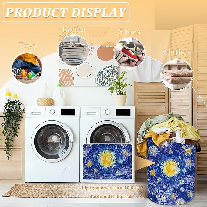 Starry Night Laundry Basket, Foldable Waterproof Oxford Cloth Laundry Hamper Funny Tote Bag Dirty Clothes Storage Bucket Toy Organizer for Bathroom/Laundry/Bedroom 15.7"x19.6"