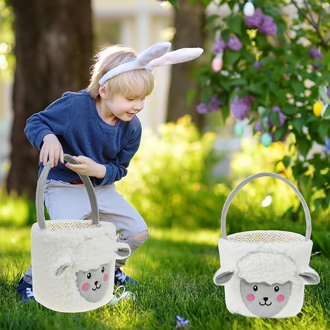 DearSun Exquisite Embroidery ! Personalized Plush White Lamb Basket Easter Egg Hunting Basket with Embroidery Name (Plush White Lamb)
