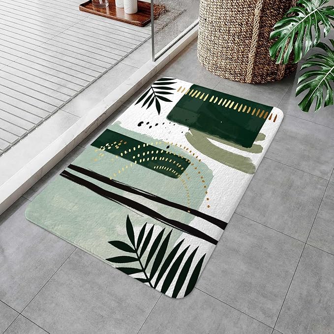 Green Mid Century Bath Rugs for Bathroom, Modern Boho Geometric Abstract Emerald Green Minimalist Striped Non Slip Flannel Bathroom Rug, Dry Fast Water Absorbent Bath Mats, 17x29 Inch