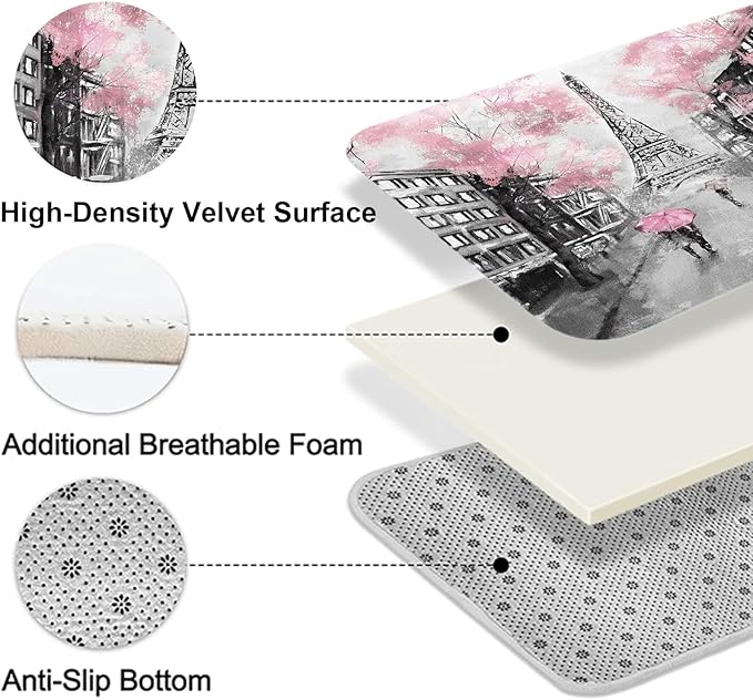 4Pcs Paris Cherry Blossom Shower Curtain Set, Black and Pink Eiffel Tower Bathroom Set with Shower Curtain, Romantic Cityscape Bath Decor for Women, Girly Bathroom Accessories