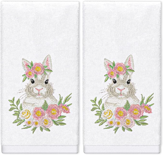 2Pcs Easter Hand Towels Floral Bunny Cotton Embroidered Bathroom Towel Spring Flower Rabbit Absorbent Bath Towels for Drying Cleaning Cooking, 29.5 x 13.7 Inch