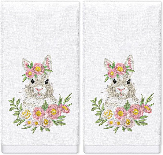 2Pcs Easter Hand Towels Floral Bunny Cotton Embroidered Bathroom Towel Spring Flower Rabbit Absorbent Bath Towels for Drying Cleaning Cooking, 29.5 x 13.7 Inch