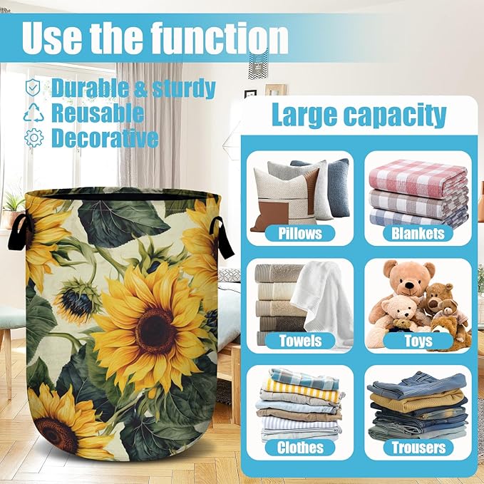 Retro Sunflower Laundry Basket, Floral Laundry Hamper Collapsible Oxford Cloth with Handle Clothes Toy Storage Bin for Bathroom Laundry Room Bedroom 15.7 X 20 Inch