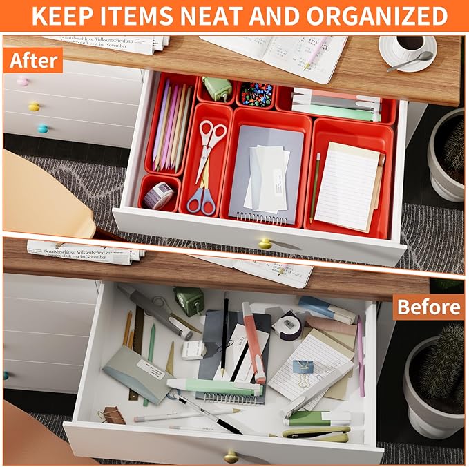 45 Pack Desk Drawer Organizer Tray, 3 Sizes Plastic Drawers Organizer Storage for Kitchen, Bathroom, Office, Vanity, Makeup, Utensils, Junk Drawer Organizer Bins, Gadget Trays for Organizing, Red
