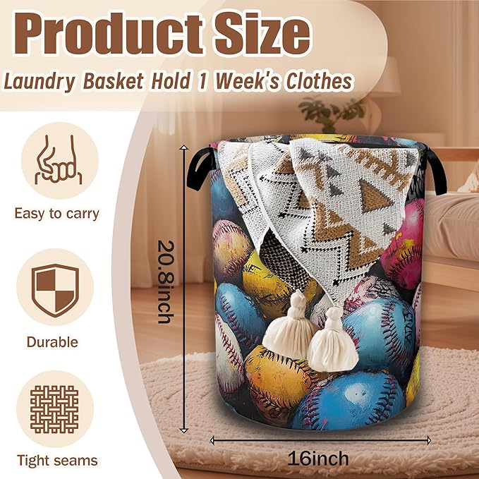 Colorful Baseball Laundry Hamper,Laundry Baskets,Waterproof Oxford Cloth Toy Storage for Bedroom,Bathroom,Nursery,16x20.8 Inch