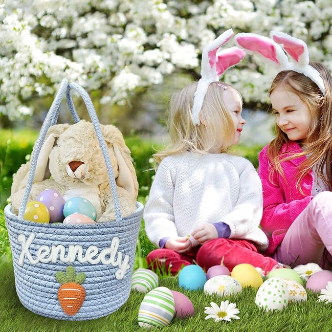 Personalized Easter Basket for Boys Girls Custom Name Baskets with Handle Woven Rope Rabbit Eggs Bucket Gifts