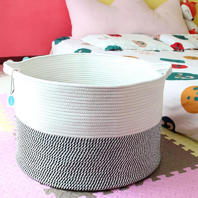 Casaphoria XXXLarge Cotton Rope Basket for Living Room - Woven Storage Basket with Handle for Blankets, Towels and Pillows Laundry Hamper | White & Grey (21.7" x 21.7" x 13.8")