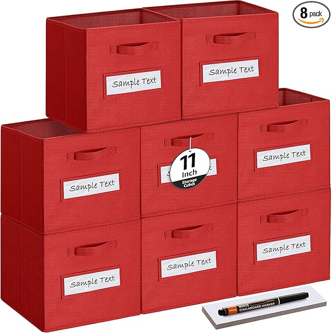 artsdi Fabric storage cubes (Set of 8) 11 Inch Cube Storage Bin, Cube storage with 8 Labels Window Cards & a Pen, Foldable cube organizer bins,11x11 Storage bin, Cubby Organizer Boxes, Red