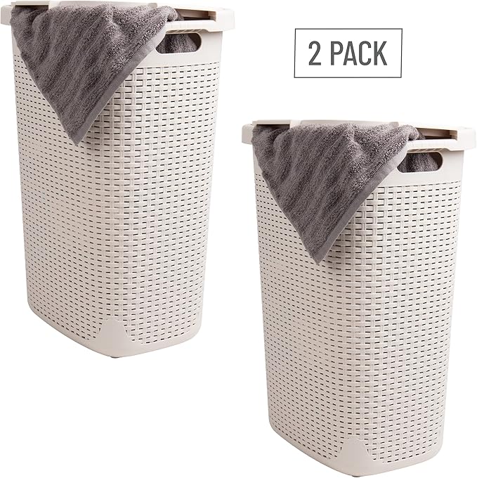 Mind Reader Slim Laundry Hamper with Lid, 60L Clothes Baskets, Premium Wicker Design, Plastic, 2-Pack, Ivory