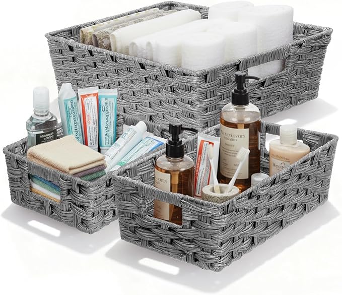 Set of 3 Large Wicker Storage Baskets for Shelves, Wicker Basket for Organizing, Waterproof Woven Baskets for Shelves and Pantry, Toilet, Bathroom, Bedroom, Patio(Gray)