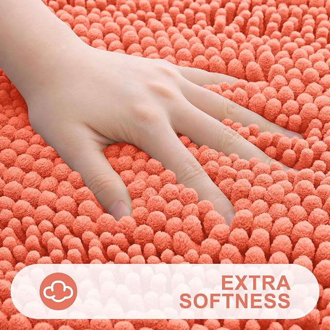 Grandaily Chenille Striped Bathroom Rugs 30x20, Extra Thick and Absorbent Bath Mats, Non-Slip Soft Plush Shaggy Shower Carpet, Machine Wash Dry, Bath Rug for Bathroom, (Medium, Coral Orange)