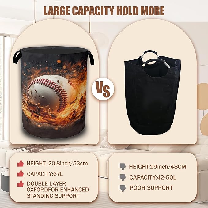 Sport Baseball Ball In Fire Laundry Hamper, Collapsible Laundry Baskets Waterproof Oxford Cloth With Handles,Clothes Storage Bucket Toy Organizer For Bathroom/Nursery/Bedroom 16" x 20.8"