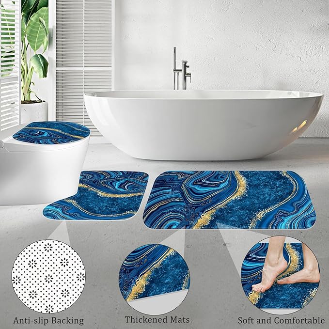4PCS Blue Gold Marble Shower Curtain Sets with Rugs, Abstract Bathroom Sets with Shower Curtain and Rugs, Modern Bathroom Curtains Shower Set with Toilet Lid Cover for Bathroom Decor