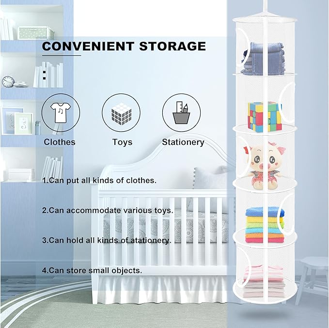 Hanging Mesh Stuffed Animal Storage Hammock Net, Foldable Large Toy Storage Organizer 5 Compartments Net for Stuffed Animals wall storage for Boys, Girls, Gloves, Hats, Socks（white）