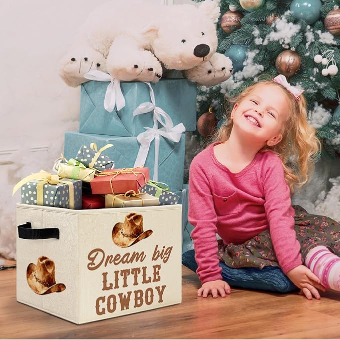 Western Cowboy Nursery Storage Bins Box with Handles, Dream Big Little Cowboy Country Western Laundry Basket Hamper Collapsible Clothes Toys Organizer for Kids Boys Bedroom Bathroom