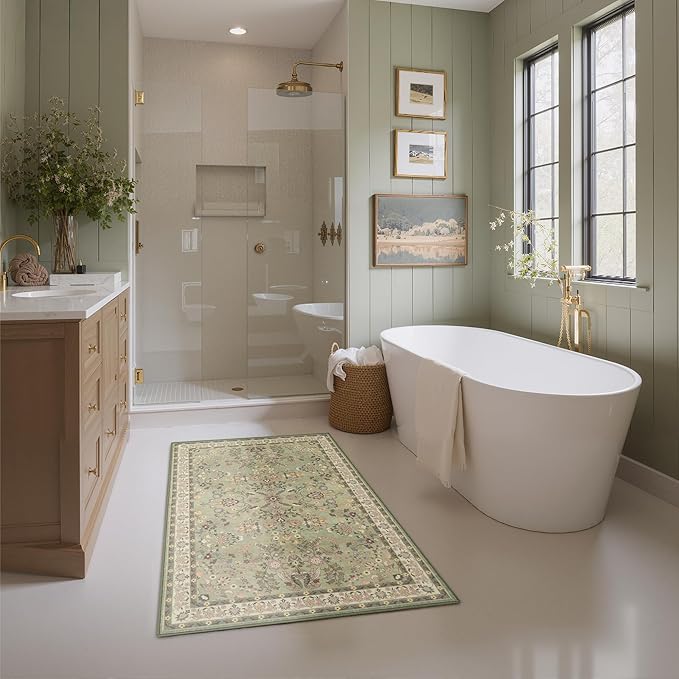 GRANNY SAYS Boho Bathroom Rugs 26"x 18" Non-Slip, Quick Dry & Washable, Vintage Bath Rug, Distressed Farmhouse Plush Velvet Bath Mat, Absorbent for Shower Toilet Sink, Pet Friendly - Flower Green