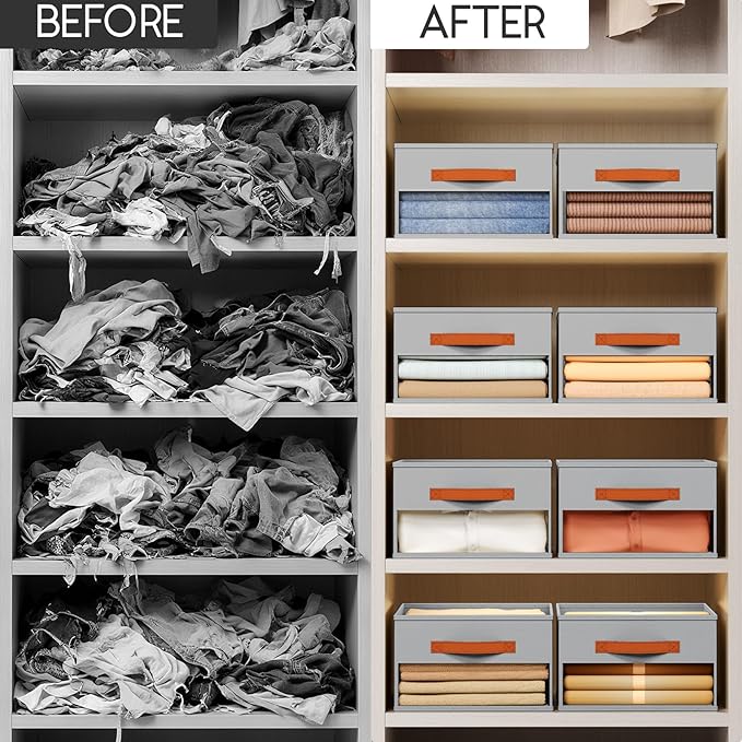 Closet Organizers and Storage - 8 Pack Storage Bins Baskets for Organization Foldable Closet Organizer with Clear Window & Handles for Clothes, Toys, Towels, Small Essentials (Grey)