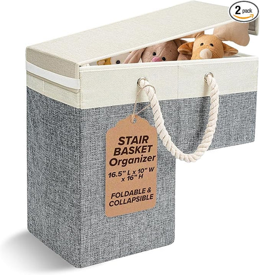 2 PACK | Stair Basket Organizer with Top Lid for Carpeted Stairs & Wooden Staircases. Versatile Sturdy Linen Storage Bag for Climbing, Laundry & Shoe