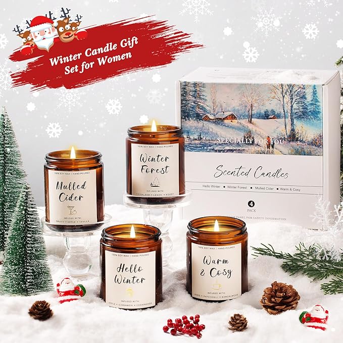 4 Pack Winter Candles - 28oz Soy Candle Set, Winter Scented Candles with Apple Cinnamon, Fir Balsam, Mulled Cider, Sandalwood – Holiday Candle Gifts for Women, Mothers, Galentines Day & Cozy Nights
