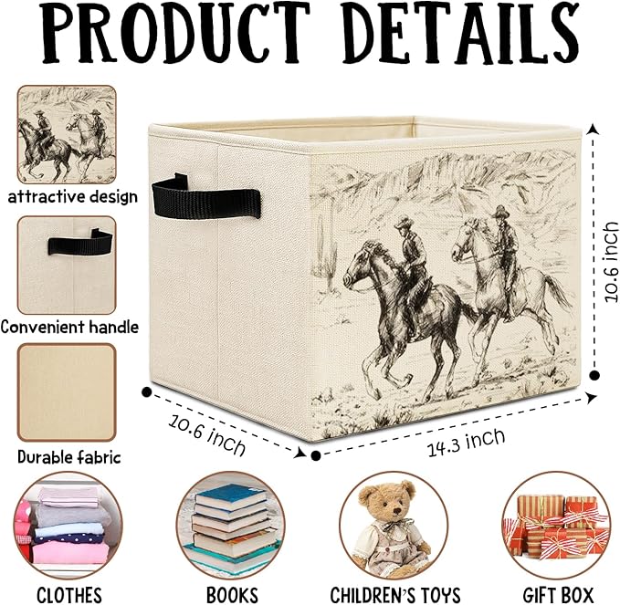 Vintage Western Cowboy Storage Bins Box with Handles, Rustic Wild West Desert Cowboy Riding Horse Laundry Basket Hamper Collapsible Clothes Toys Organizer for Bedroom Bathroom Home