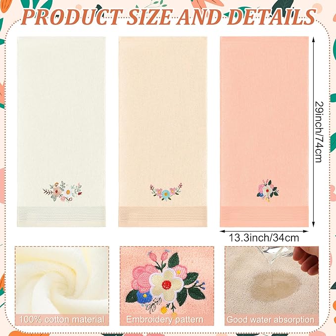 3 Pcs Boho Flowers Hand Towels Embroidered Modern Flowers Bathroom Decor 14x29 Inch Farmhouse Boho 100% Cotton Soft Decorative Hand Towels for Bathroom Kitchen