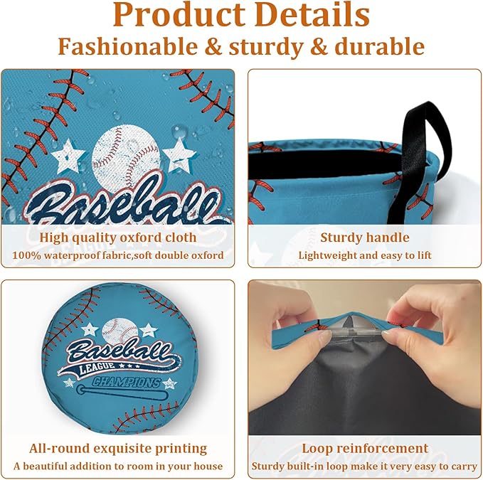 Baseball League Champions Laundry Basket with Sturdy Handles, Collapsible Oxford Cloth Laundry Hamper Organizer Basket for Bathroom Bedroom 15.7x20 Inch